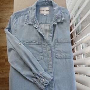Lola River Chambray Shirt XL blue denim Tencel Lyocell blouse roll sleeve button